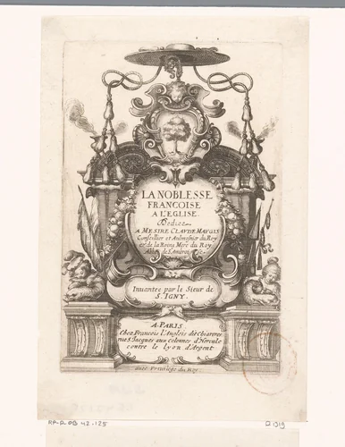 Titelprent met cartouche, kardinaalshoed en het wapen van Claude Maugis by Abraham Bosse, print, 1638-1639