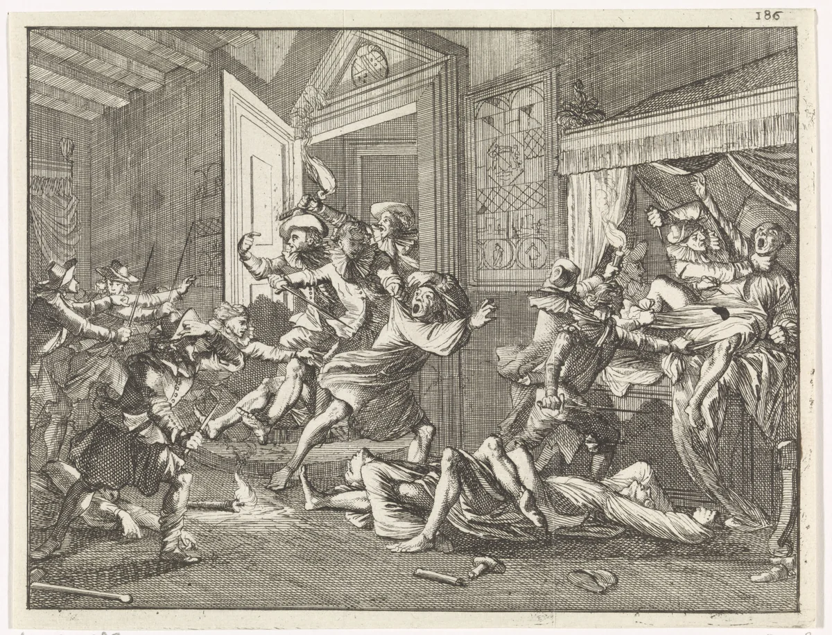 Moord op de Tempeliers te Zierikzee, 1312 by Caspar Luyken, print, 1700