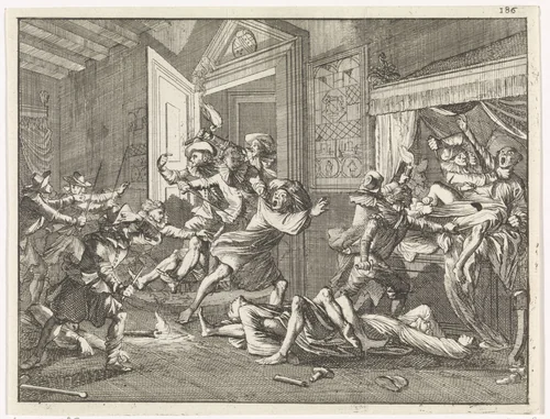 Moord op de Tempeliers te Zierikzee, 1312 by Caspar Luyken, print, 1700