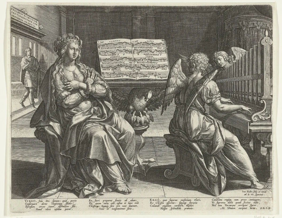 Heilige Cecilia en een engel die het orgel bespeelt by Unknown, print, 1560-1586