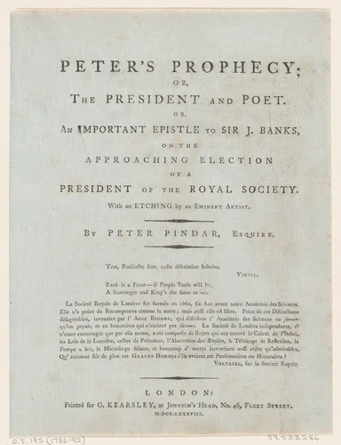 Frontispiece, from Peter's Prophecy, or The President and Poet, by Peter Pindar, Esq. by George Kearsley, print, 1786-1792