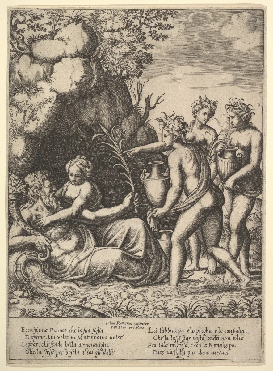 Daphne embracing her father, the river-god Peneus, at the left three nymphs bring jars from the 'Story of Apollo and Daphne' by Master of the Die, print, 1530-1560