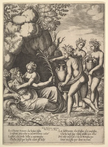 Daphne embracing her father, the river-god Peneus, at the left three nymphs bring jars from the 'Story of Apollo and Daphne' by Master of the Die, print, 1530-1560