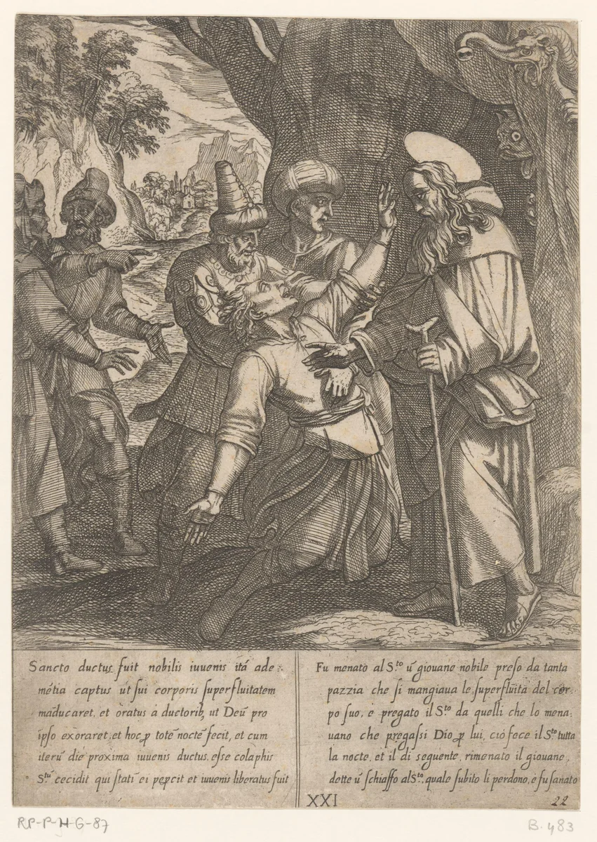 H. Antonius geneest de waanzin van een jonge edelman by Antonio Tempesta, print, 1598