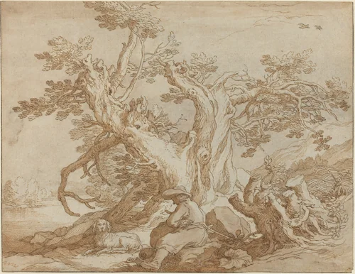 Landscape with Seated Figure and Dog by Abraham Bloemaert, drawing, 1615-1625