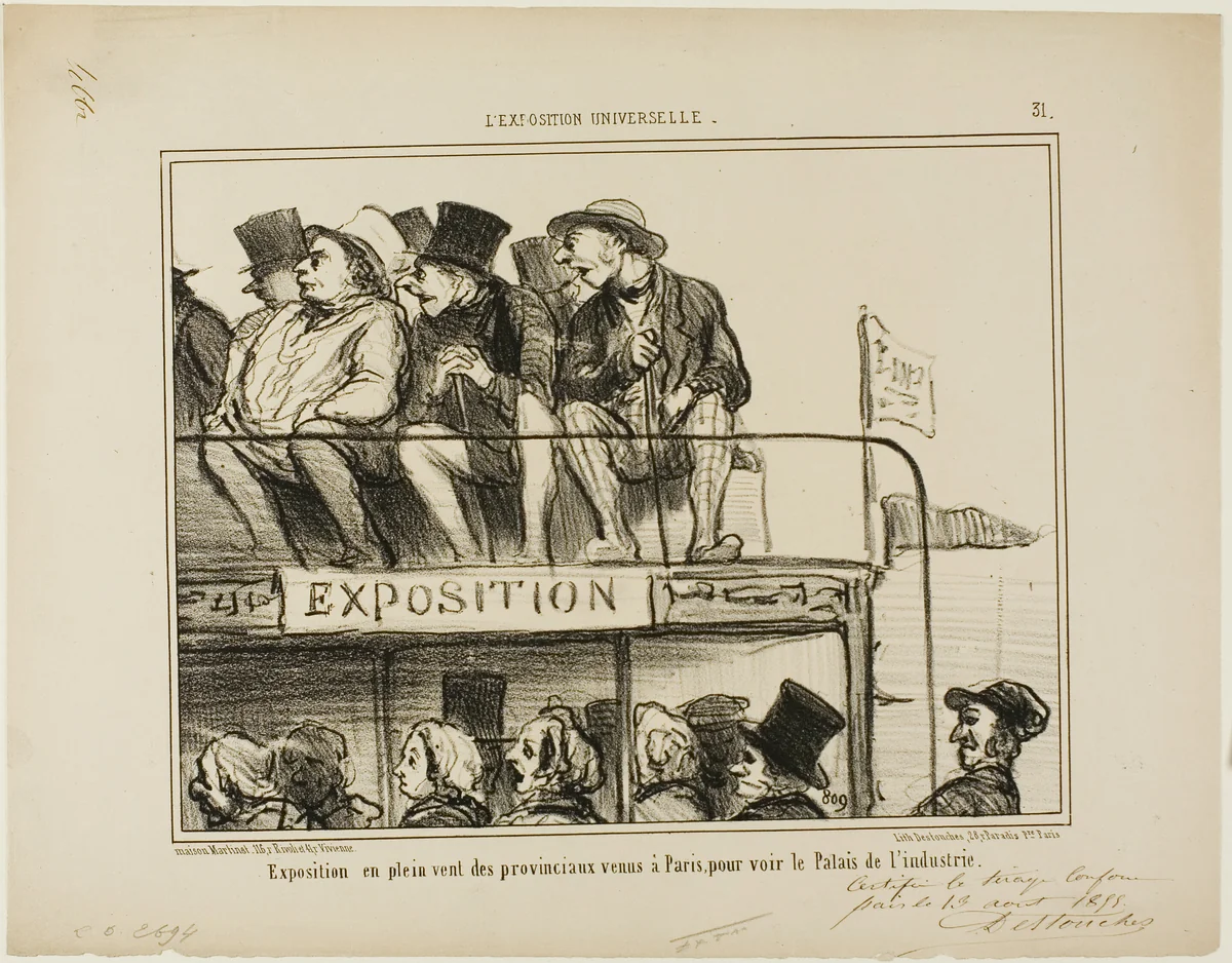 Open air exhibition of provincials coming to Paris to see the palace of industry, plate 31 from L'Exposition Universelle by Honoré-Victorin Daumier, print, 1855