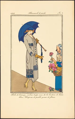 Robe de lainage, couleur taupe avec de la broderie de laine bleue. Chapeau de paille garni de fleurs. by French 20th Century, print, 1919