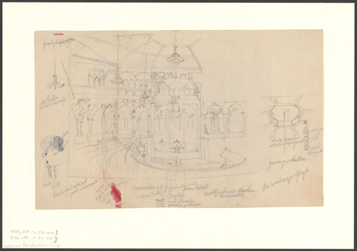 Interieur van de Parkschouwburg gezien naar het toneel by Johan George Lodewijk Rieke, drawing, 1883-1898