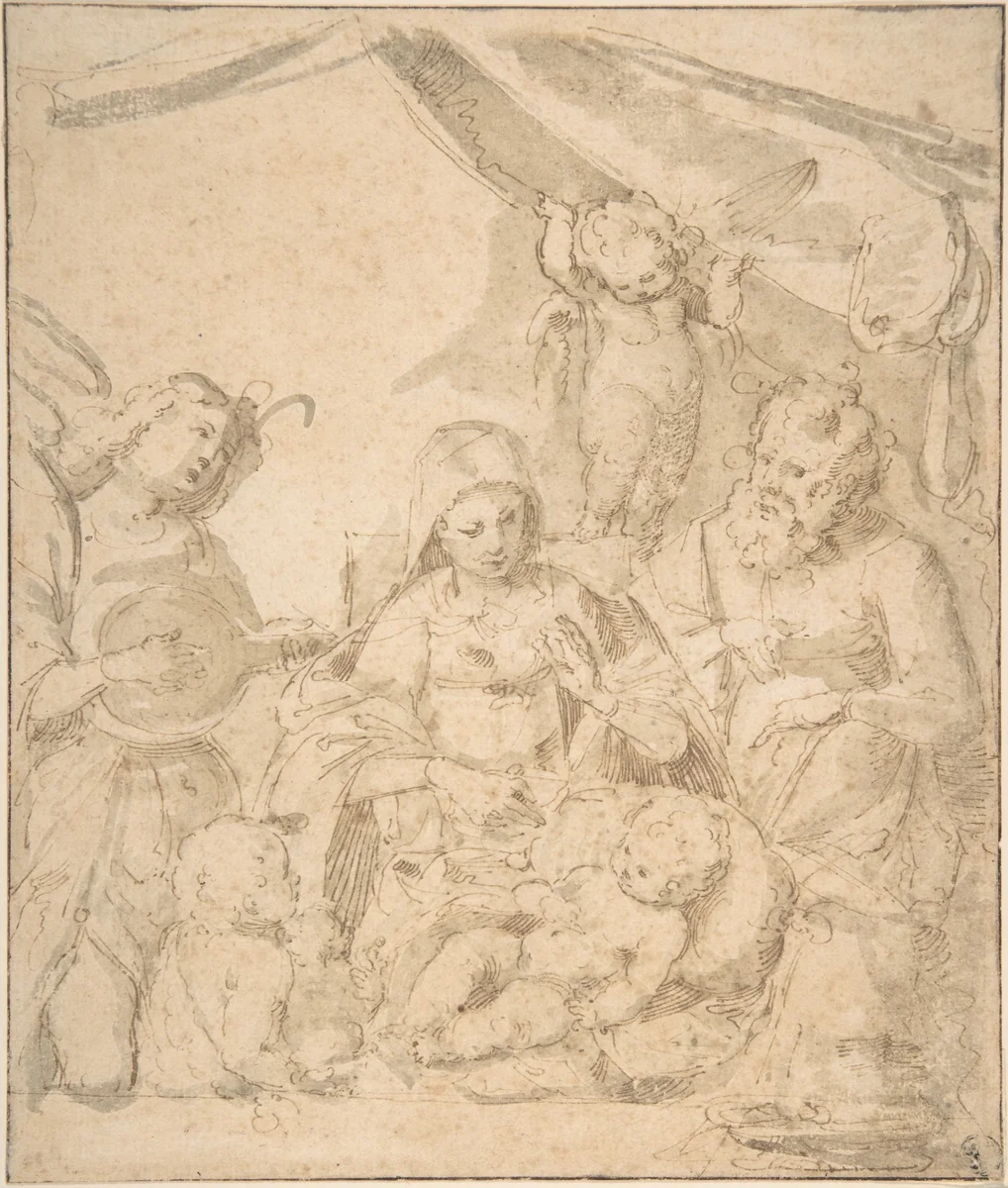 The Holy Family with Angels by anonymous, drawing, 1500-1600