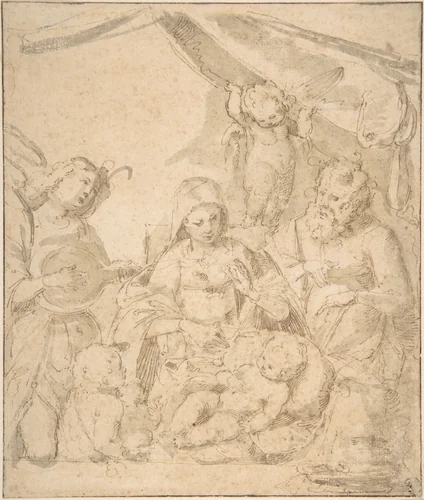 The Holy Family with Angels by anonymous, drawing, 1500-1600
