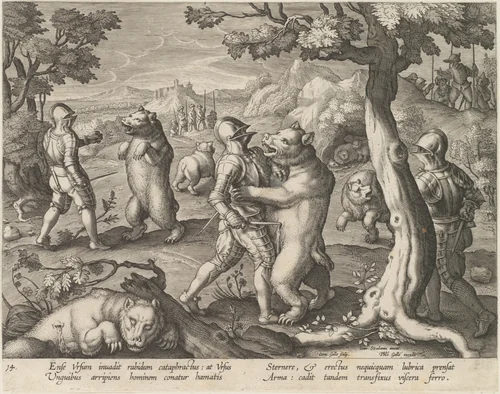 Bear Hunt, from "Venationes Ferarum, Avium, Piscium..." by Jan van der Straet, print, 1530-1581