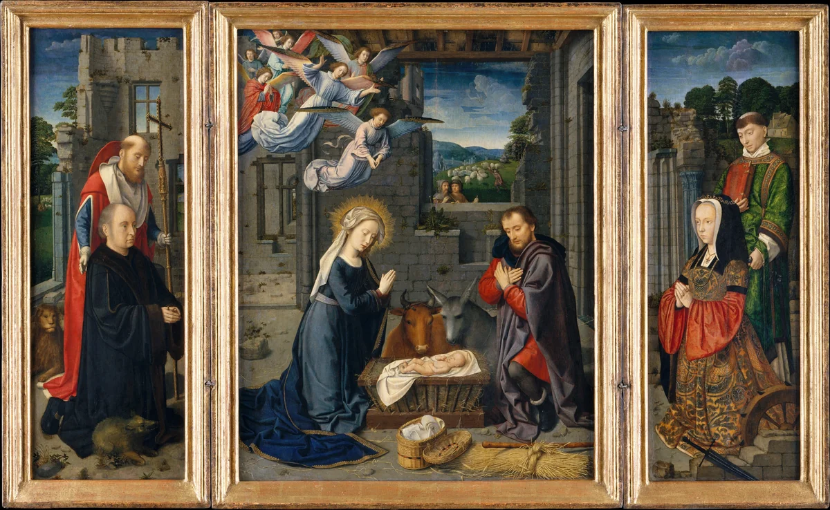 The Nativity with Donors and Saints Jerome and Leonard by Gerard David, painting, 1510-1515