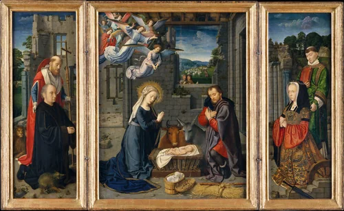 The Nativity with Donors and Saints Jerome and Leonard by Gerard David, painting, 1510-1515