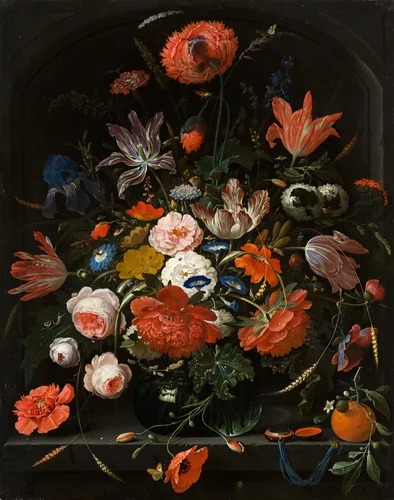 Flowers in a Glass Vase by Abraham Mignon, painting, 1670