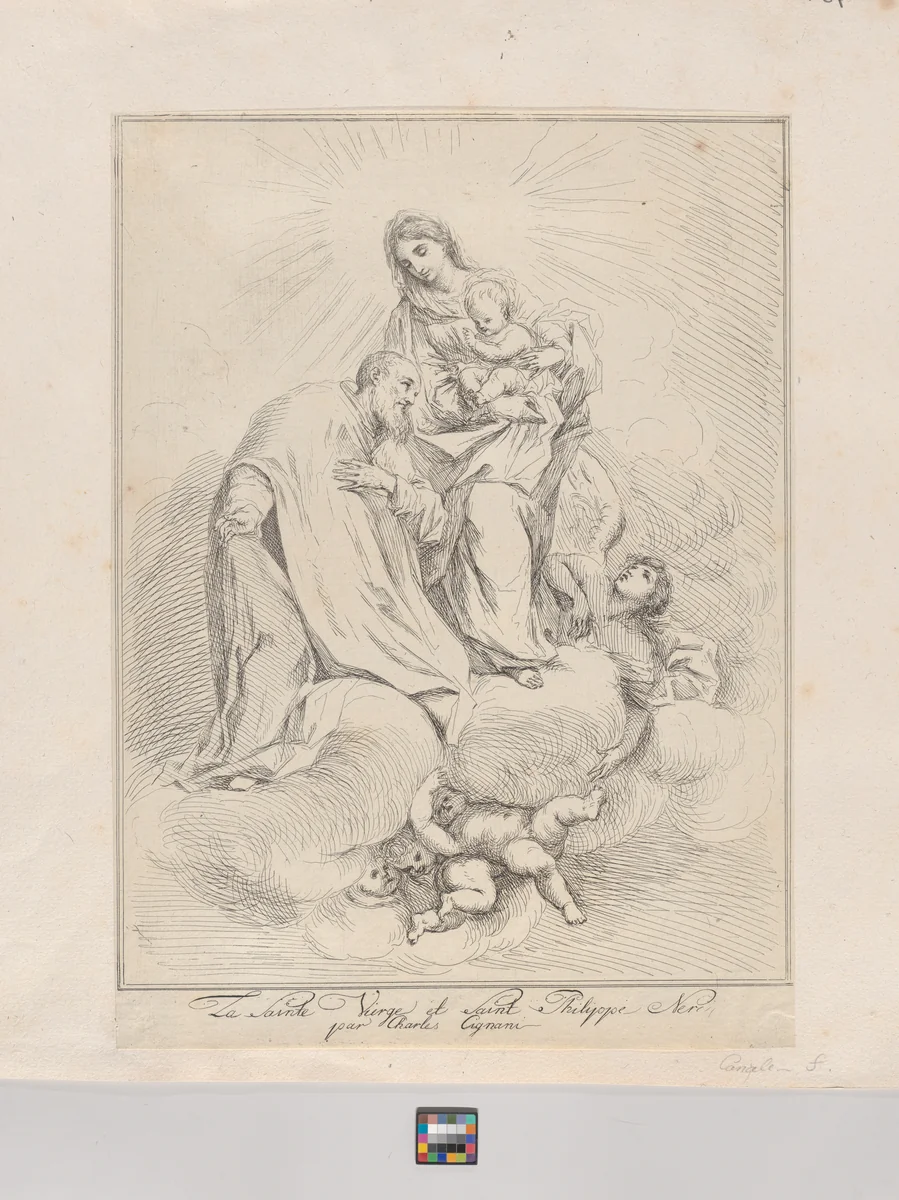 Virgin and Child seated on clouds with Saint Philip Neri at left by Giuseppe Canale, print, 1715-1796