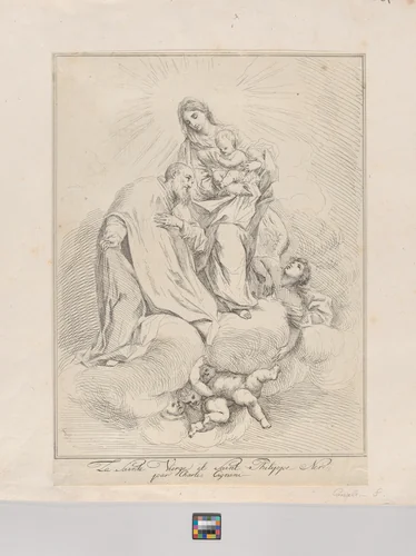 Virgin and Child seated on clouds with Saint Philip Neri at left by Giuseppe Canale, print, 1715-1796