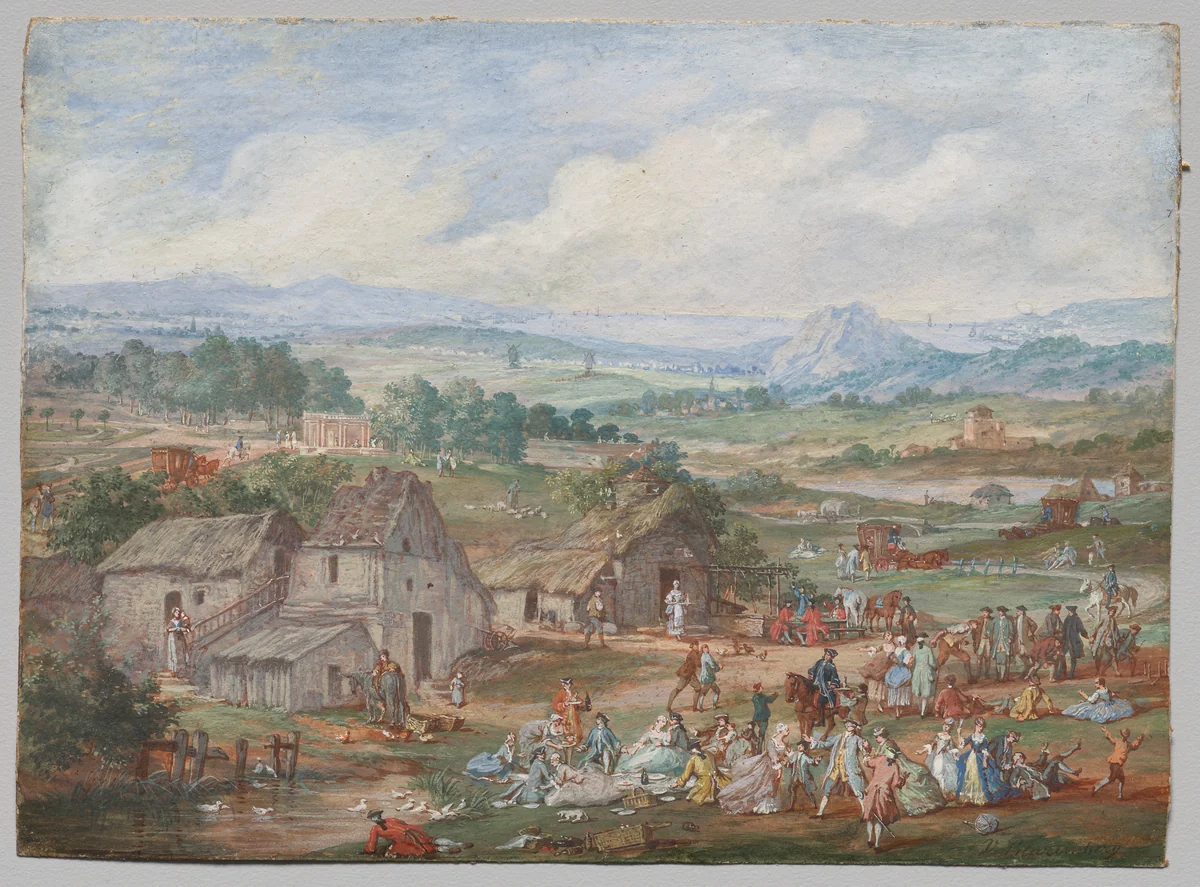 A Party Picnicking Near a Village by Louis-Nicolas van Blarenberghe, drawing, 1755-1775