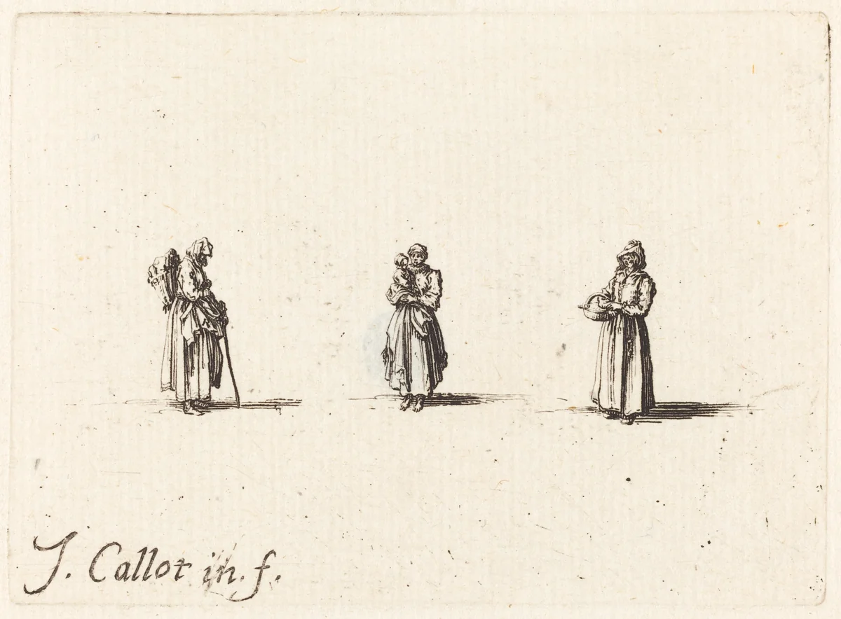 Three Women, One Holding a Child by Jacques Callot, print, 1628-1638