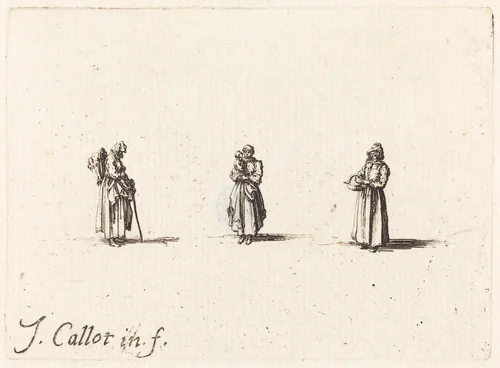 Three Women, One Holding a Child by Jacques Callot, print, 1628-1638