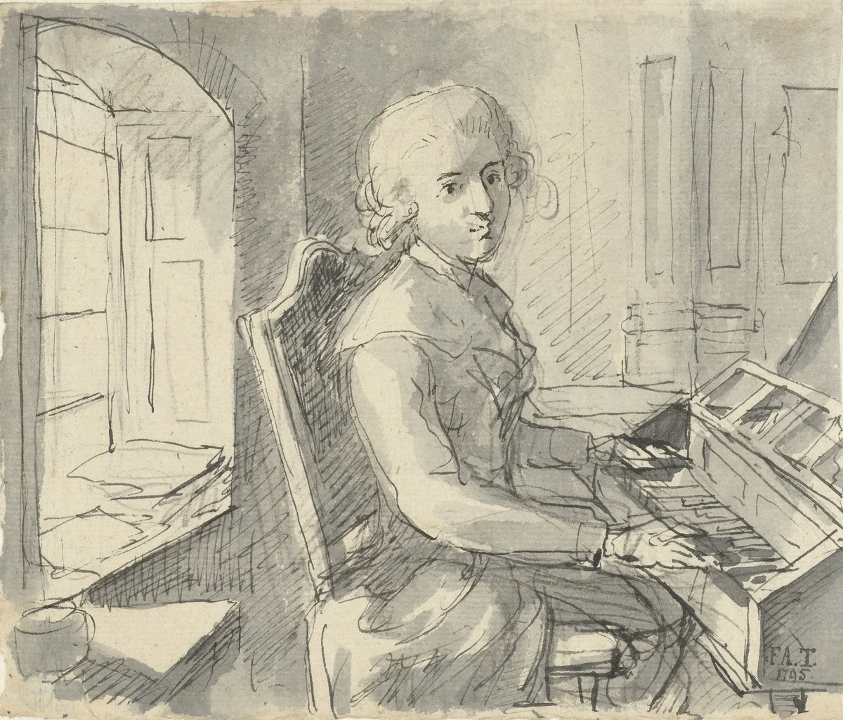 Een pianist aan het klavier zittend by Johann Friedrich August Tischbein, drawing, 1795