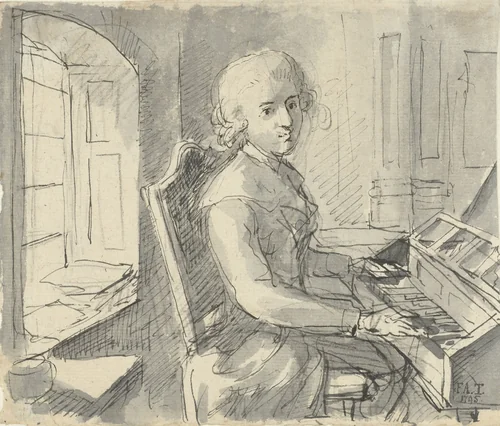 Een pianist aan het klavier zittend by Johann Friedrich August Tischbein, drawing, 1795