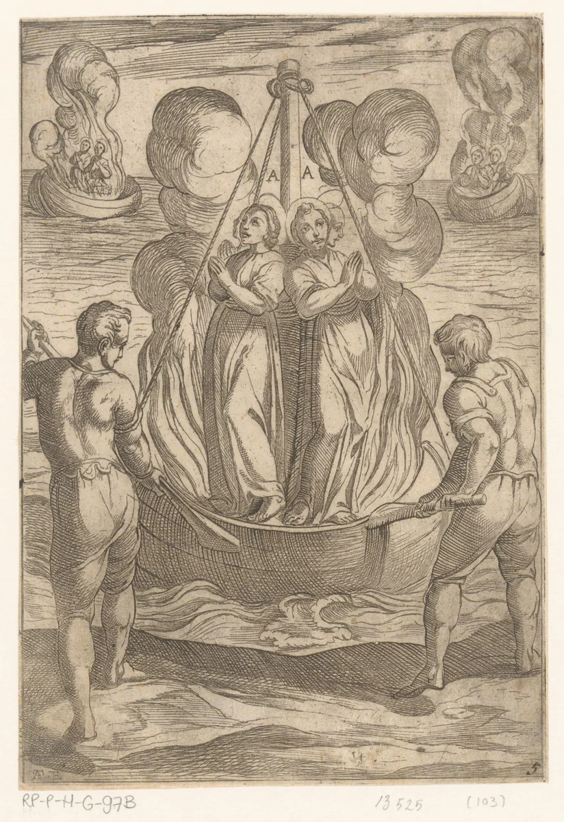 Foltering: zeewaarts sturen in brandend bootje by Unknown, print, 1565-1630