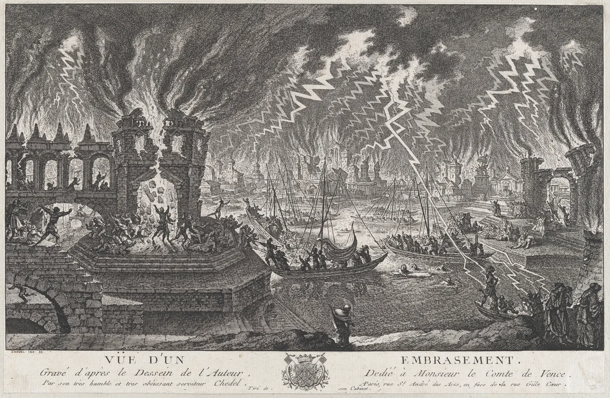 Vue d'un embrasement by Quentin Pierre Chedel, print, 1720-1762