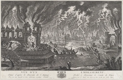 Vue d'un embrasement by Quentin Pierre Chedel, print, 1720-1762