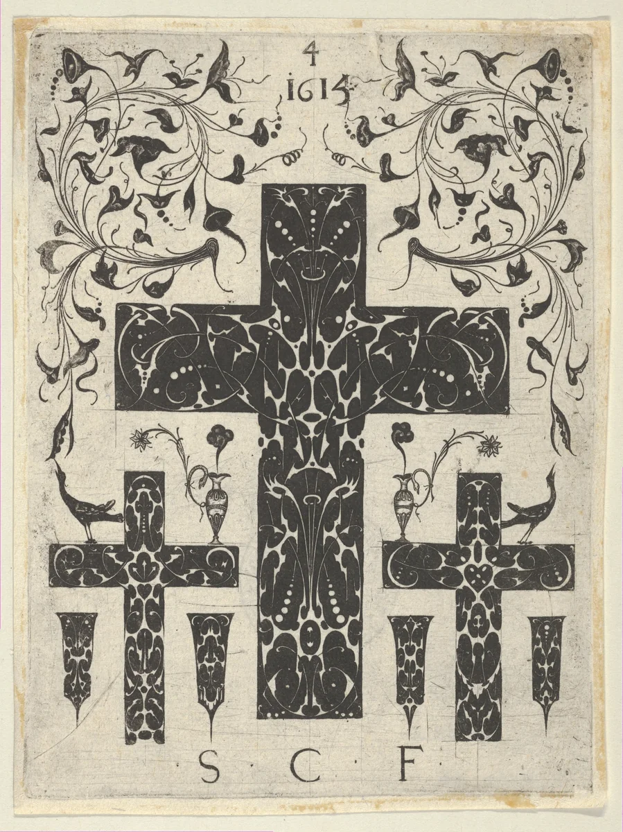 Blackwork Print with Three Crosses and Foliate Scrolls, from a Series of Blackwork Prints for Goldsmiths' Work by Etienne Carteron, print, 1615