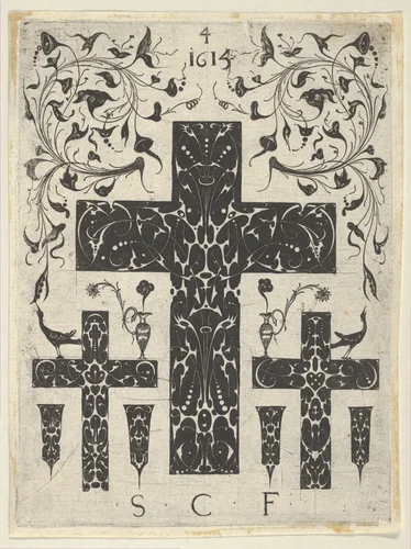 Blackwork Print with Three Crosses and Foliate Scrolls, from a Series of Blackwork Prints for Goldsmiths' Work by Etienne Carteron, print, 1615