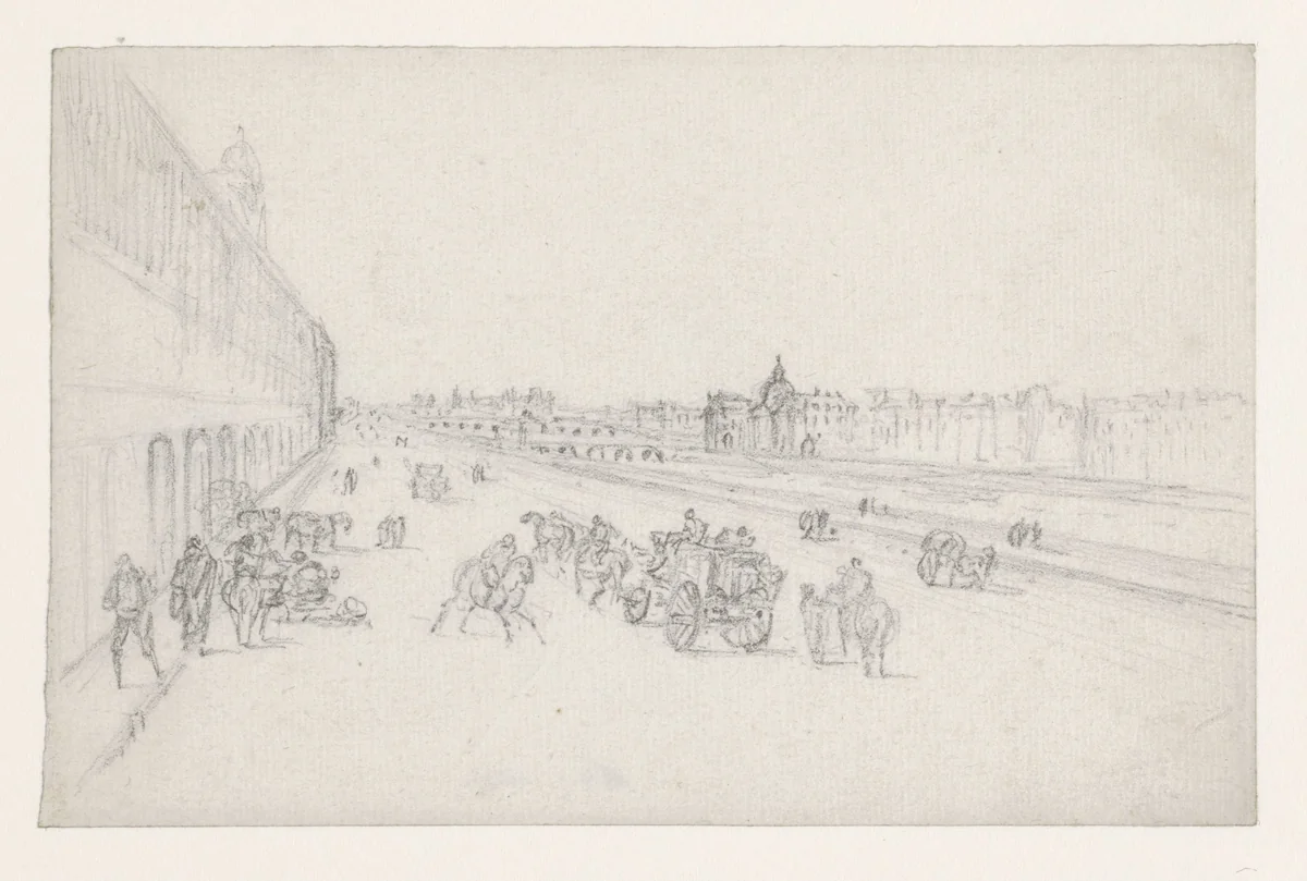 Gezicht op de quais naar de Pont des Arts en het Institut de France by Georges Michel, drawing, 1773-1843