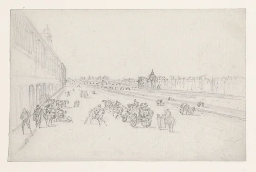 Gezicht op de quais naar de Pont des Arts en het Institut de France by Georges Michel, drawing, 1773-1843