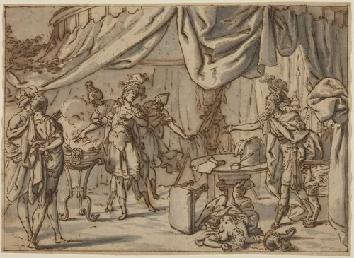 Mucius Scaevola by Bernardo Castello, drawing, 1557-1629