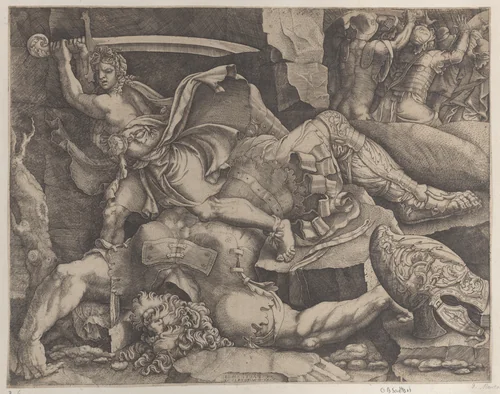 David about to decapitate Goliath by Giovanni Battista Scultori, print, 1540