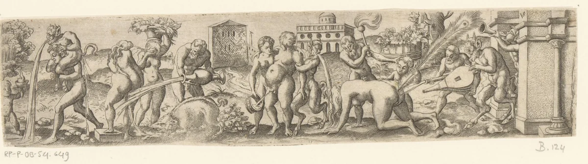 Bacchanaal met brakende saters by Unknown, print, 1524-1562