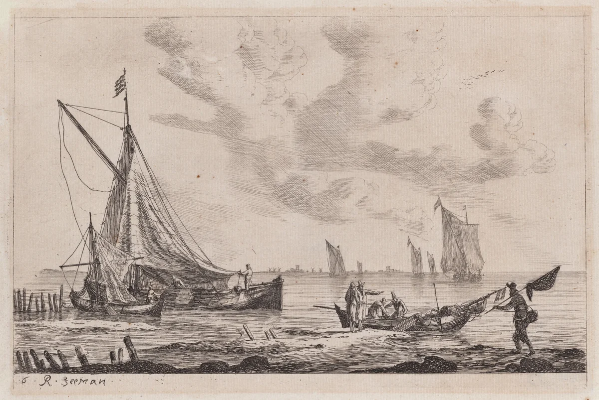 Shore of Inland Waterway with a Ketch, Two Smaller Boats, and Fisherman by Reinier Nooms, print, 1651-1661