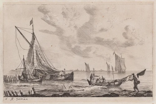 Shore of Inland Waterway with a Ketch, Two Smaller Boats, and Fisherman by Reinier Nooms, print, 1651-1661
