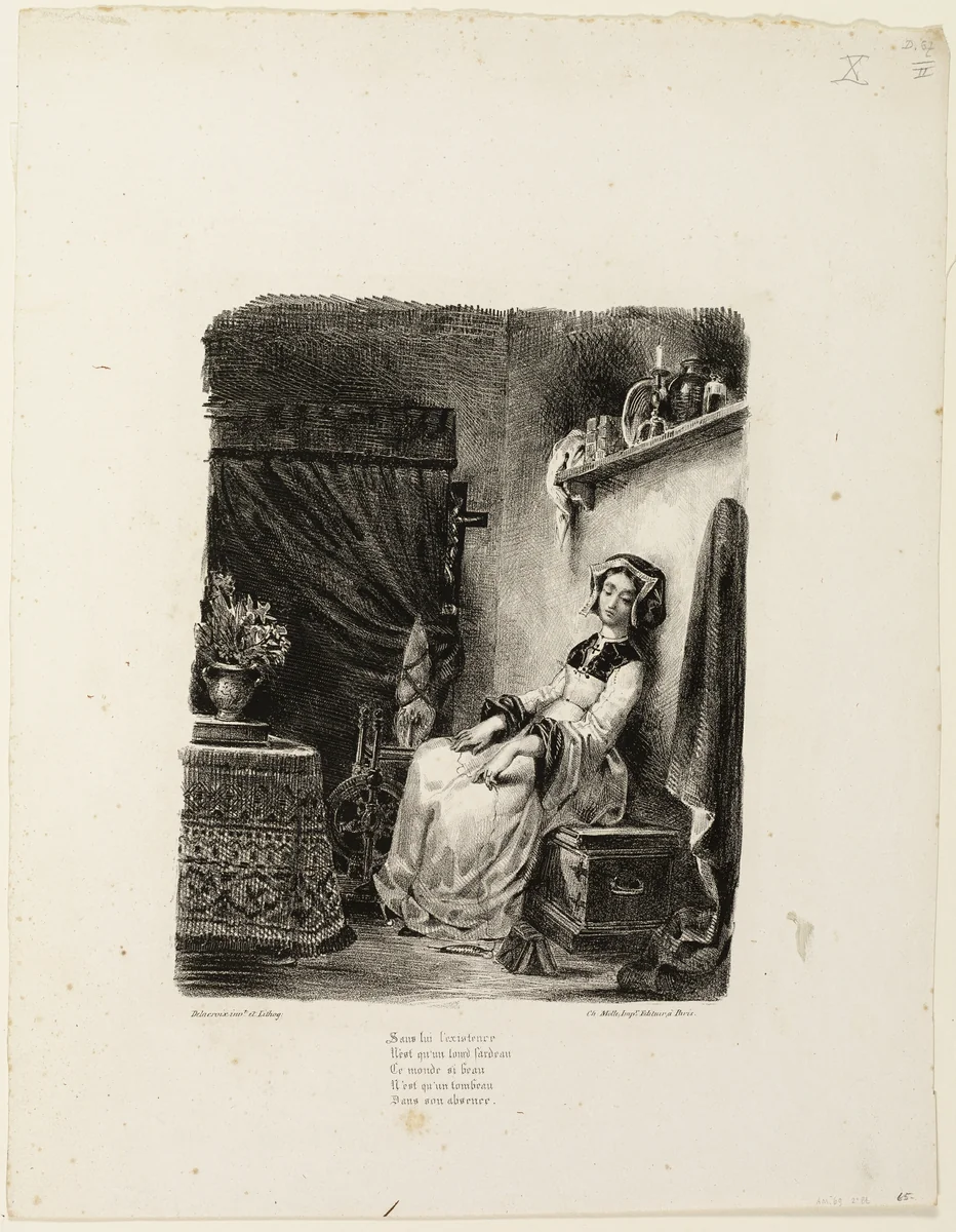 Marguerite at the Spinning Wheel by Eugène Delacroix, print, 1828