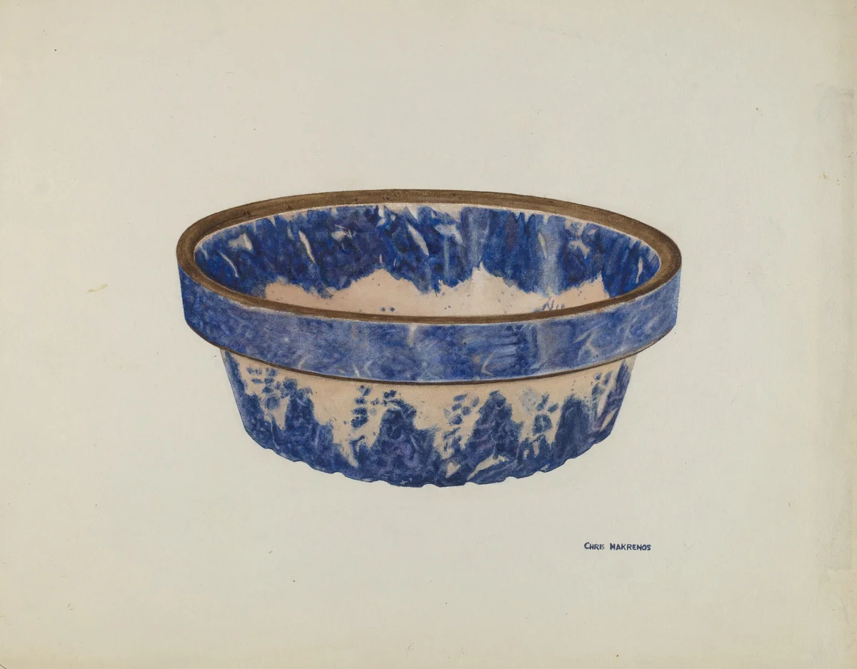 Stoneware Bowl, Mottled Blue and White Glaze by Chris Makrenos, index of american design, 1941