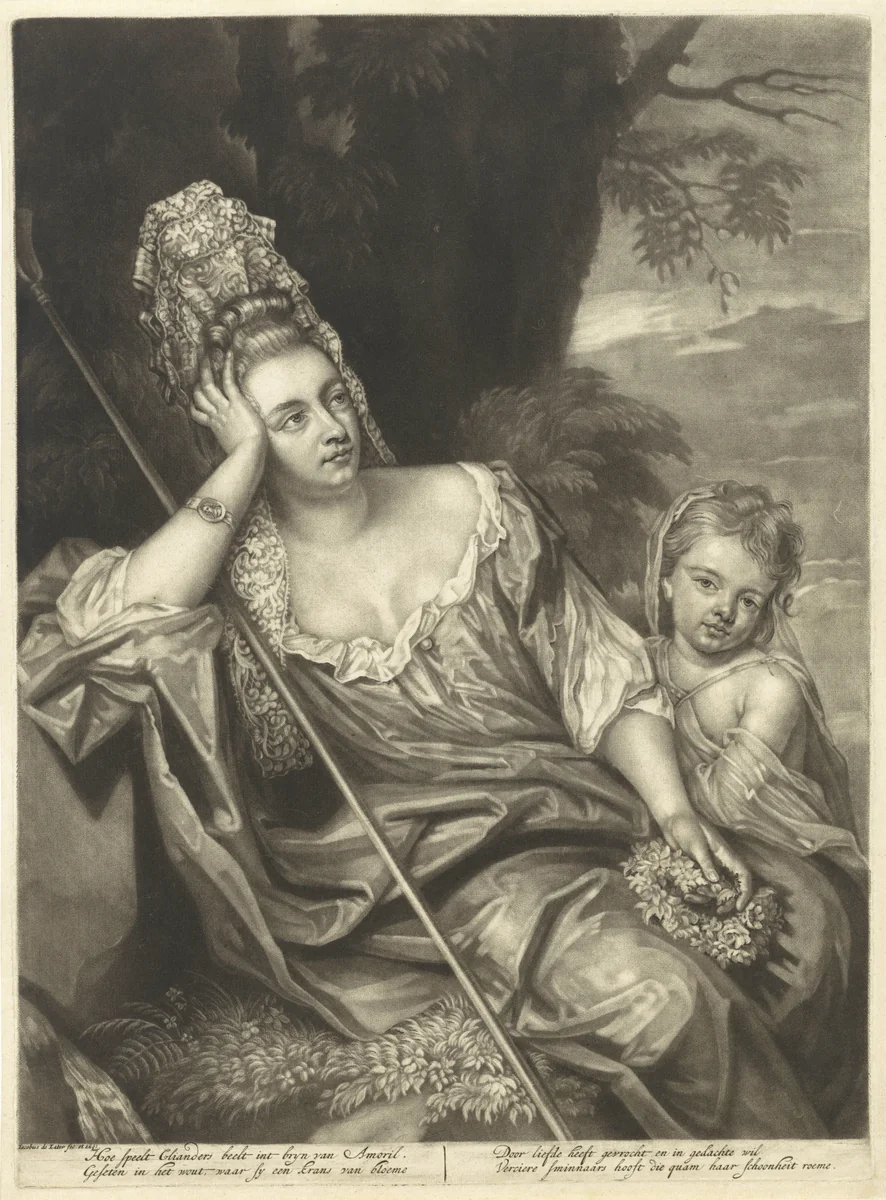 Amaryllis als herderin met een kind by Jacob de Later, print, 1696-1709
