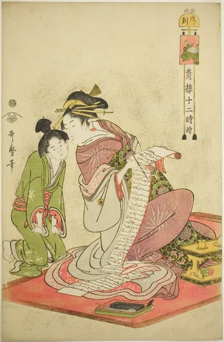 Hour of the Dog (Inu no koku), from the series "Twelve Hours in Yoshiwara (Seiro juni toki tsuzuki)" by Kitagawa Utamaro (喜多川歌麿), print, 1789-1799