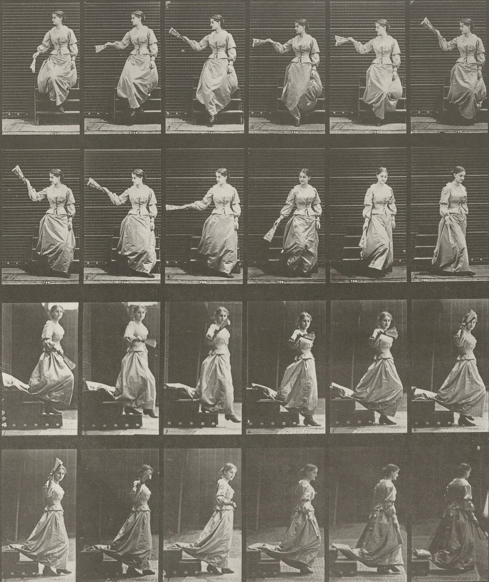Woman Descending Stairs, Looking Around and Waving a Fan: Plate 140 from Animal Locomotion (1887) by Eadweard Muybridge, photograph, 1884