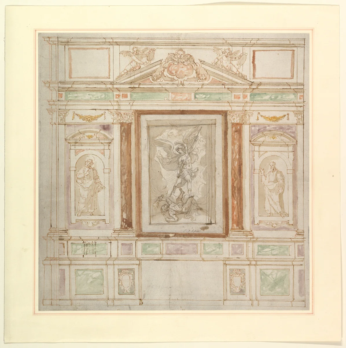 Architectural Design for a Monumental Altar, with a Composition with Saint Michael Against Satan and two Saints (Saints Peter and Paul?) by anonymous, drawing, 1580-1640