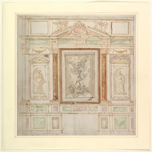 Architectural Design for a Monumental Altar, with a Composition with Saint Michael Against Satan and two Saints (Saints Peter and Paul?) by anonymous, drawing, 1580-1640
