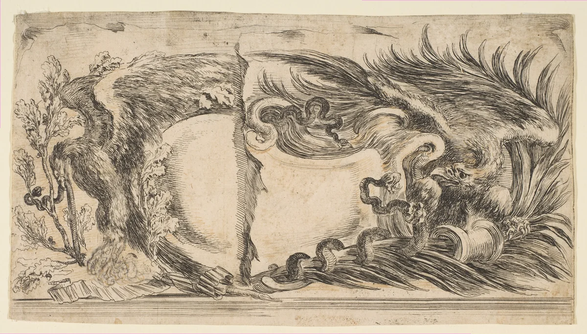 Two Different Halves of Cartouches Each Showing an Eagle Fighting a Serpent by Stefano della Bella, print, 1646