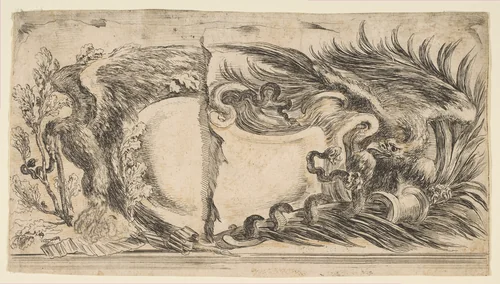 Two Different Halves of Cartouches Each Showing an Eagle Fighting a Serpent by Stefano della Bella, print, 1646