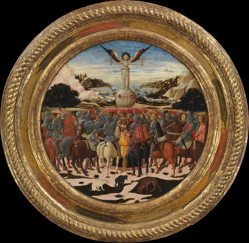 The Triumph of Fame; (reverse) Impresa of the Medici Family and Arms of the Medici and Tornabuoni Families by Giovanni di ser Giovanni Guidi, painting, 1444-1454