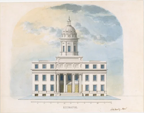 First Merchants' Exchange, New York (elevation of main façade) by Alexander Jackson Davis, drawing, 1826