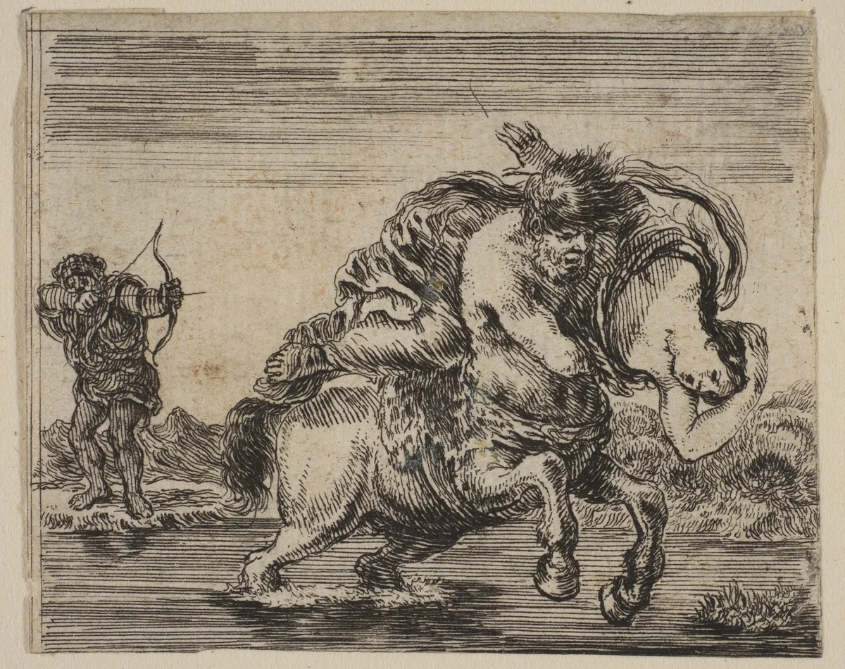 Hercules and Deianira, from 'Game of Mythology' (Jeu de la Mythologie) by Stefano della Bella, print, 1644
