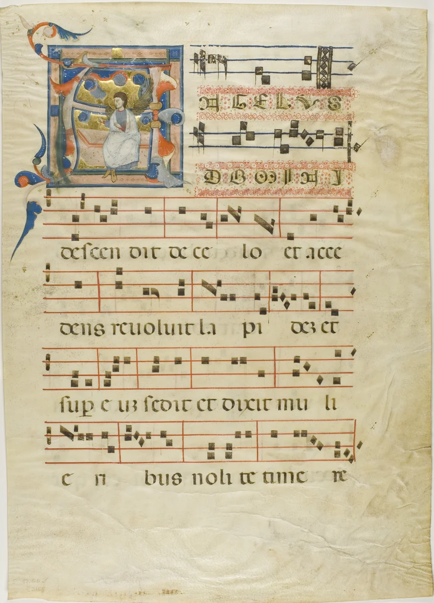 Angel in a Historiated Initial "A" from an Antiphonary by Neri da Rimini, painting, 1300-1310